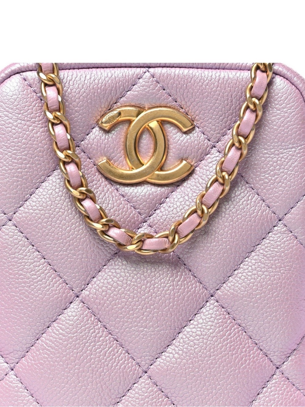 CHANEL 2023 SHIMMERING Pink Mauve Quilted Shoulder Bag with Gold Chain and CC